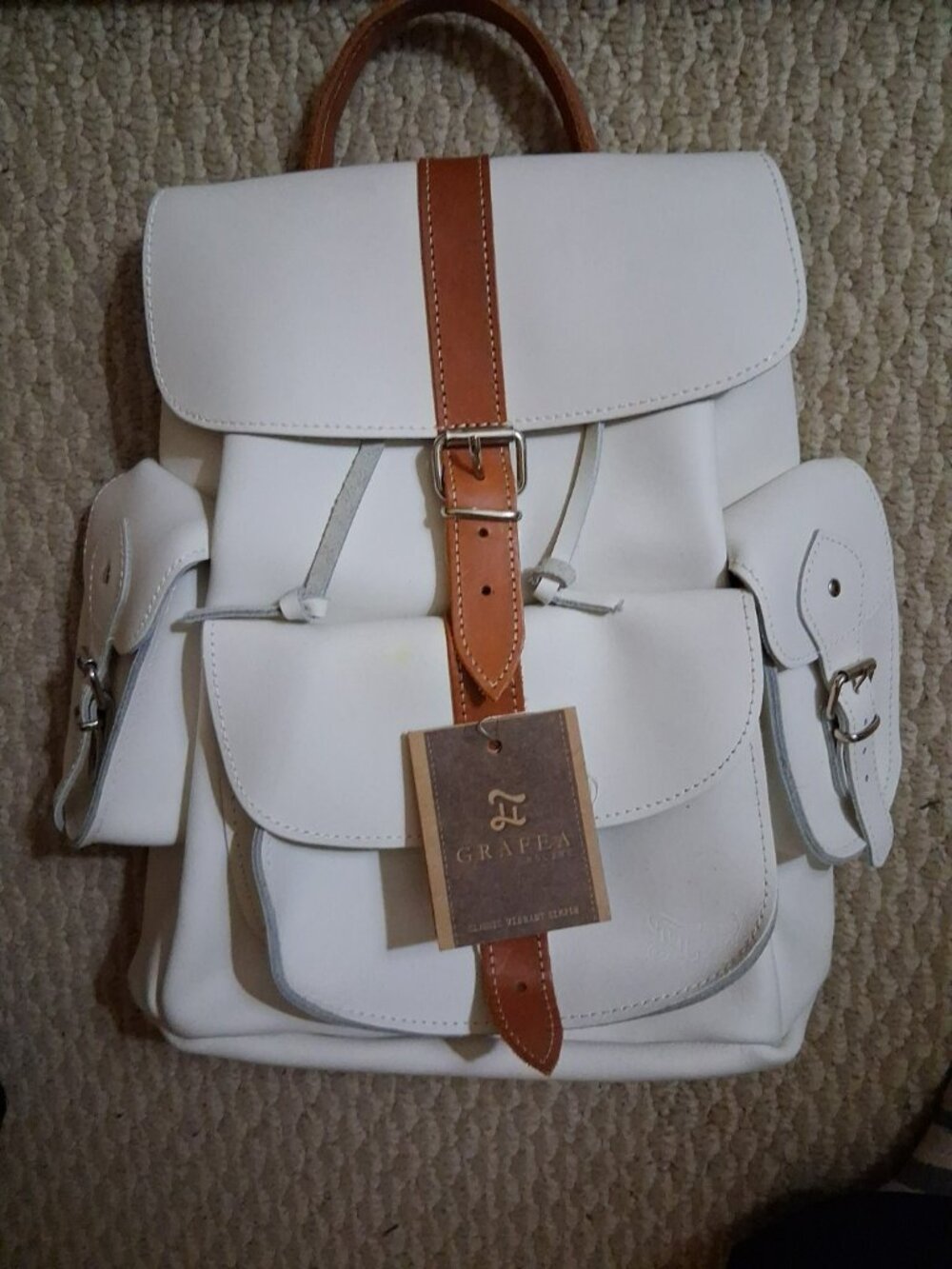 GRAFEA - NWT Authentic-Saddle White Tan Leather-Backpack-Rucksack- ENGLAND
